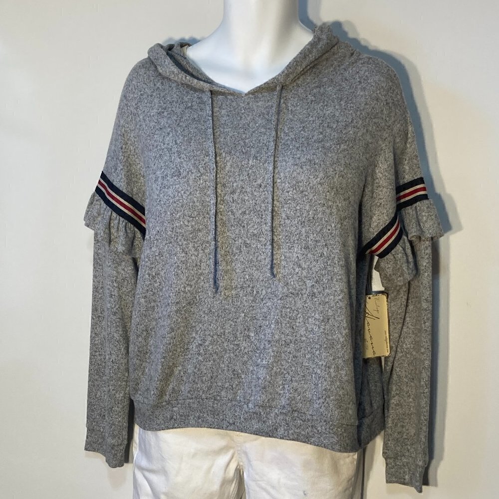 Vintage Havana SZ L NWT Gray lightweight hooded sweatshirt style ruffle detail